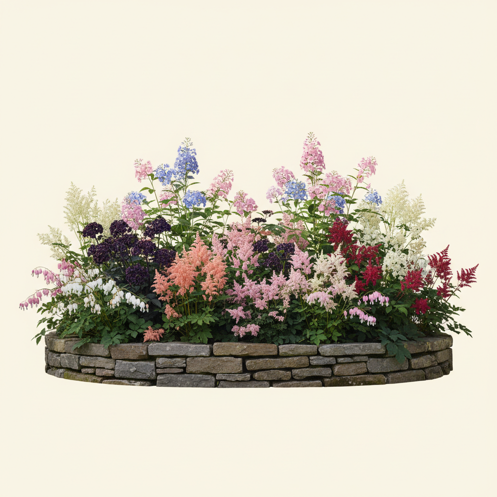 Rabatt med löjtnantshjärta, astilbe, höstflox i halvskugga – 60 m² perennrabatt