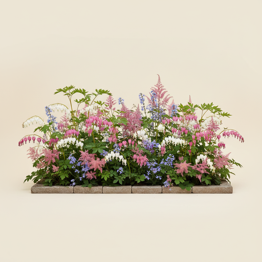 Rabatt med löjtnantshjärta, astilbe i skugga – 1 m² perennrabatt