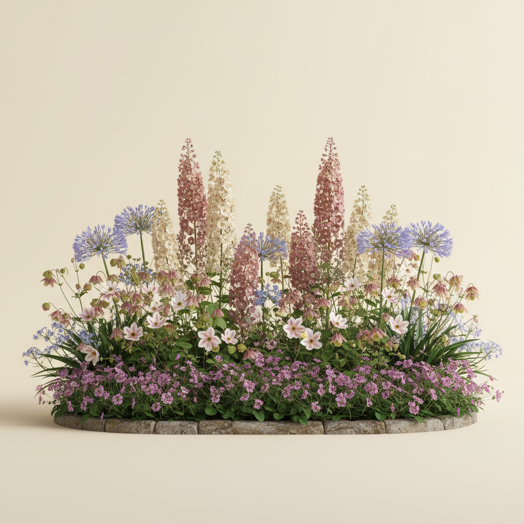 Rabatt med näva, anemone, akleja i halvskugga – 6 m² perennrabatt