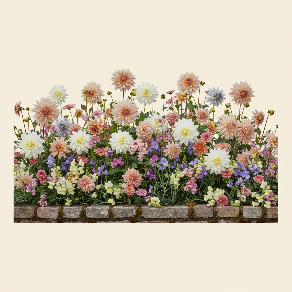 Rabatt med dahlia, rosenskära, luktärt i halvskugga – 6 m² snittblomsterbädd