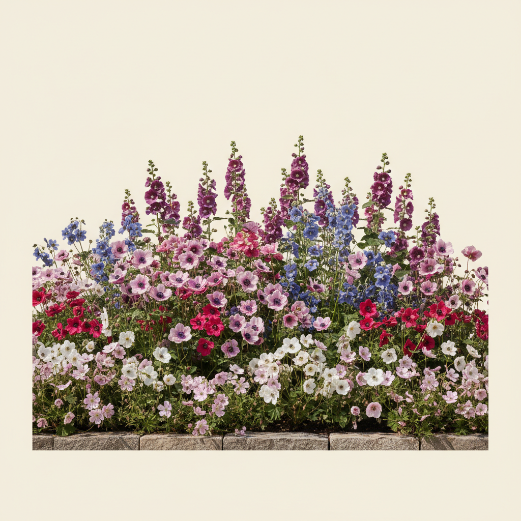 Rabatt med anemone, anemon, näva i full sol – 14 m² perennrabatt