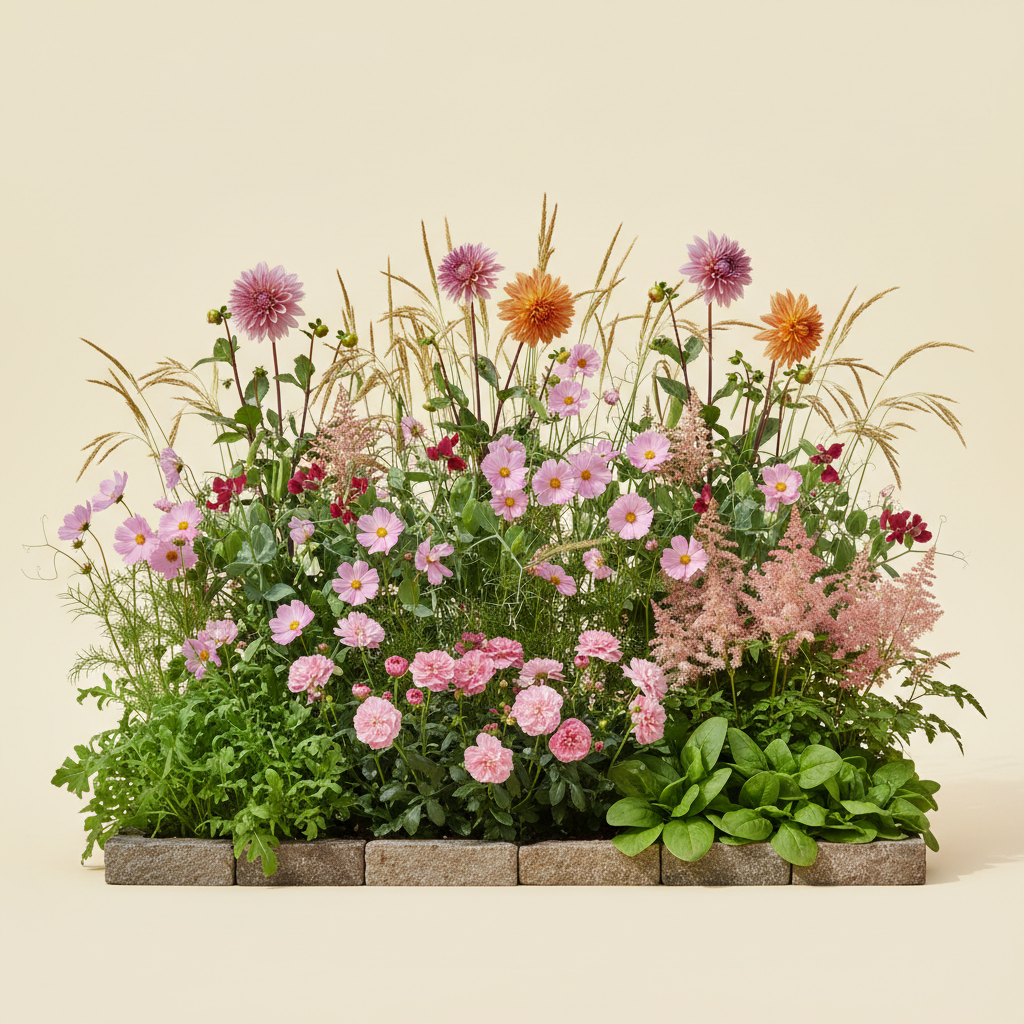 Rabatt med dahlia, italienskt, cosmos i full sol – 6 m² blandad rabatt