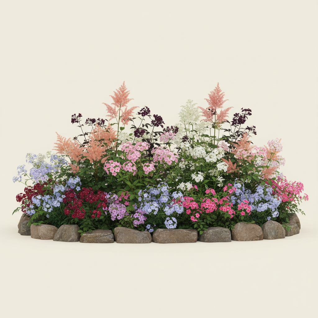 Rabatt med löjtnantshjärta, astilbe, höstflox i halvskugga – 60 m² perennrabatt