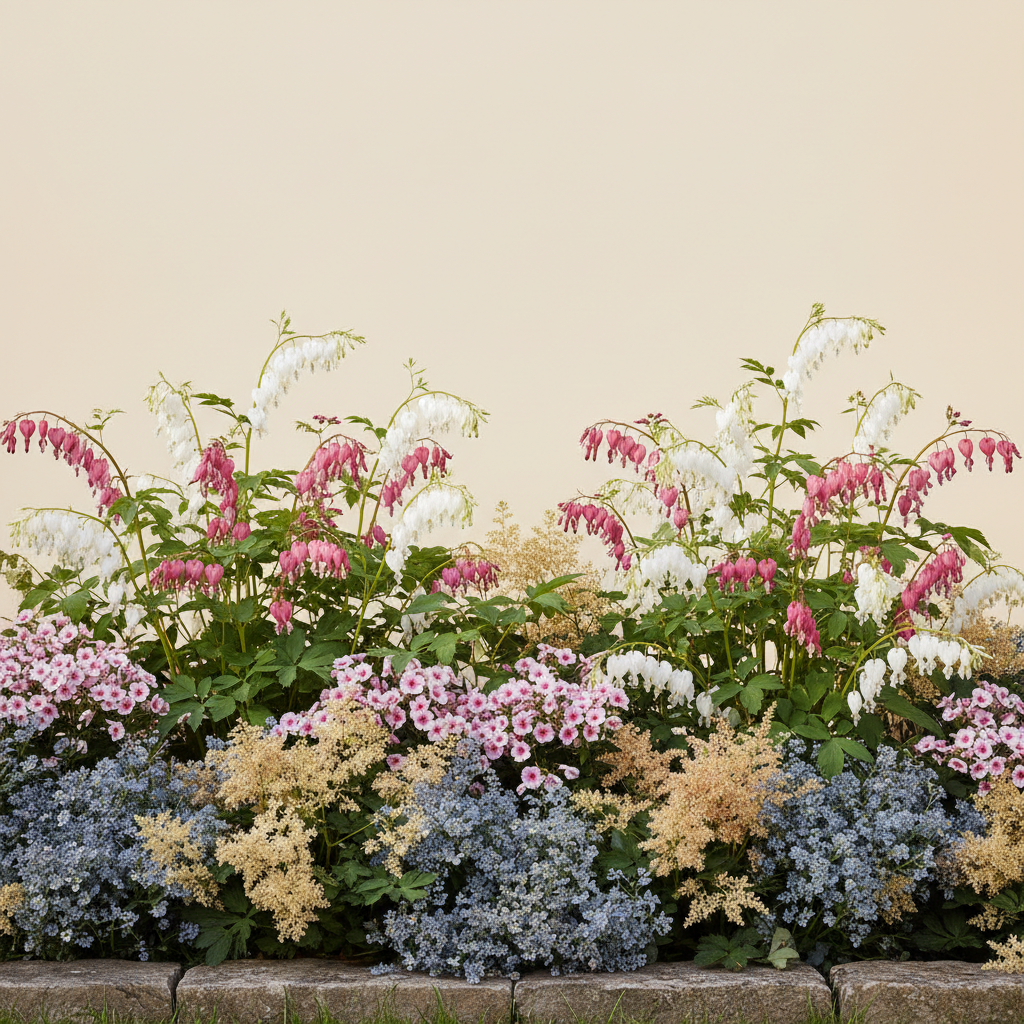 Rabatt med löjtnantshjärta, astilbe, höstflox i halvskugga – 4 m² perennrabatt