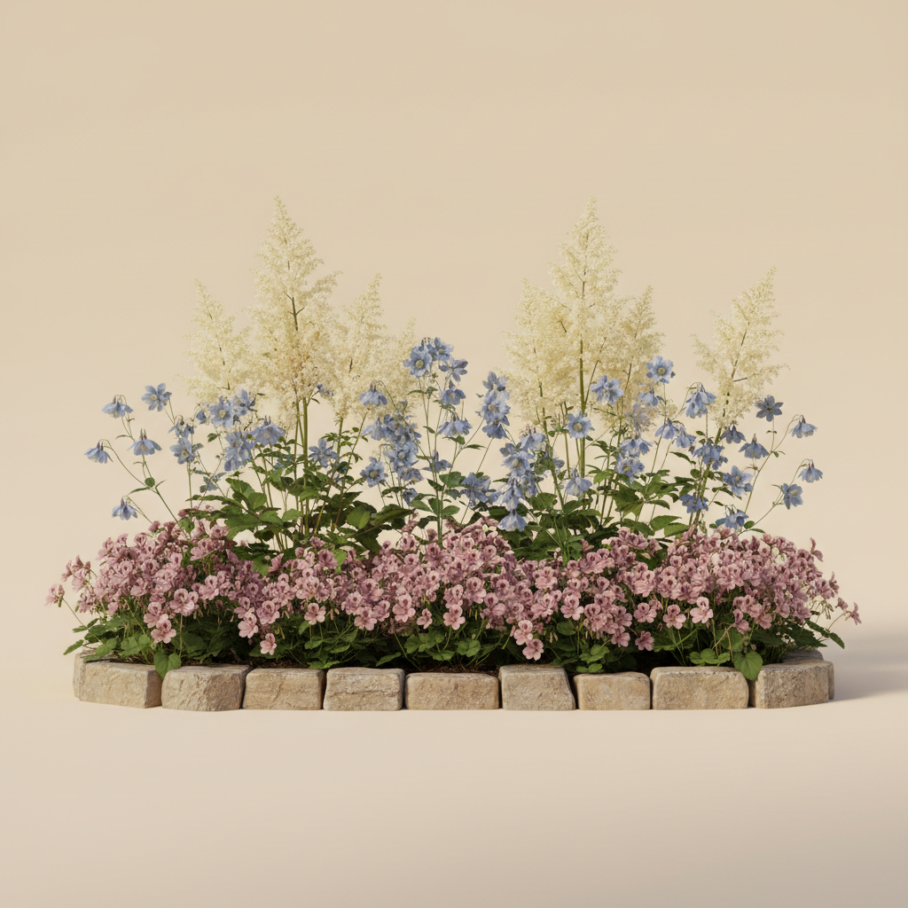 Rabatt med astilbe, akleja, näva i skugga – 2 m² perennrabatt