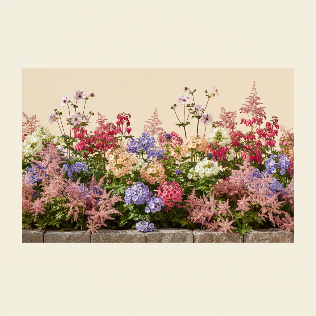 En liten 8 m² bädd i full sol — planerad för barrotsplantor. Här samsas Astilbe japonica 'Europa', Höstflox 'Amethyst', Höstflox 'Sherbet Blend', Löjtnantshjärta rosa/röd och Anemone 'Mistral Tigre', valda för att trivas tillsammans.