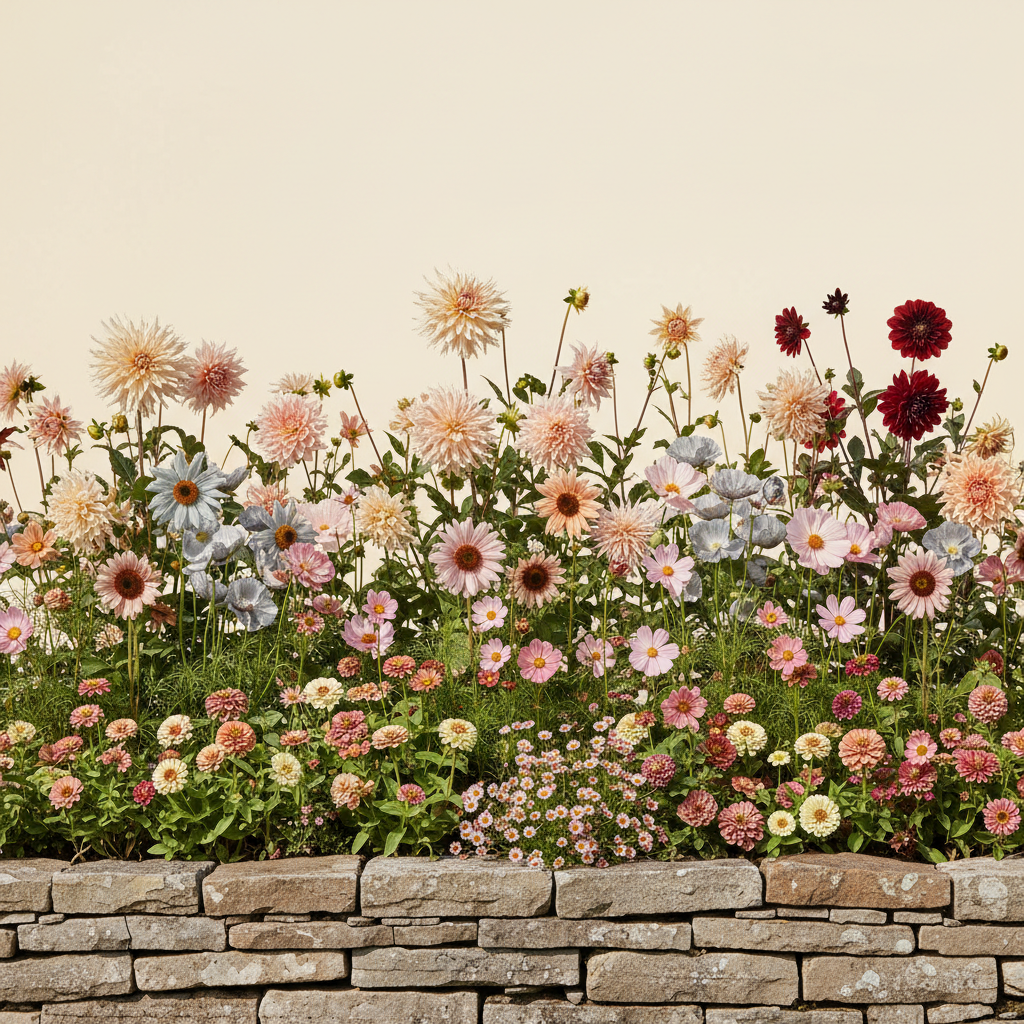 Rabatt med dahlia, zinnia, cosmos i full sol – 15 m² snittblomsterbädd