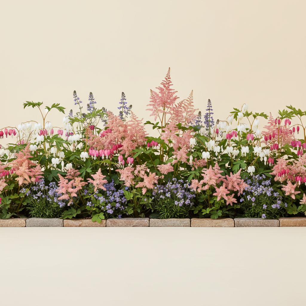Rabatt med löjtnantshjärta, astilbe i skugga – 3 m² perennrabatt