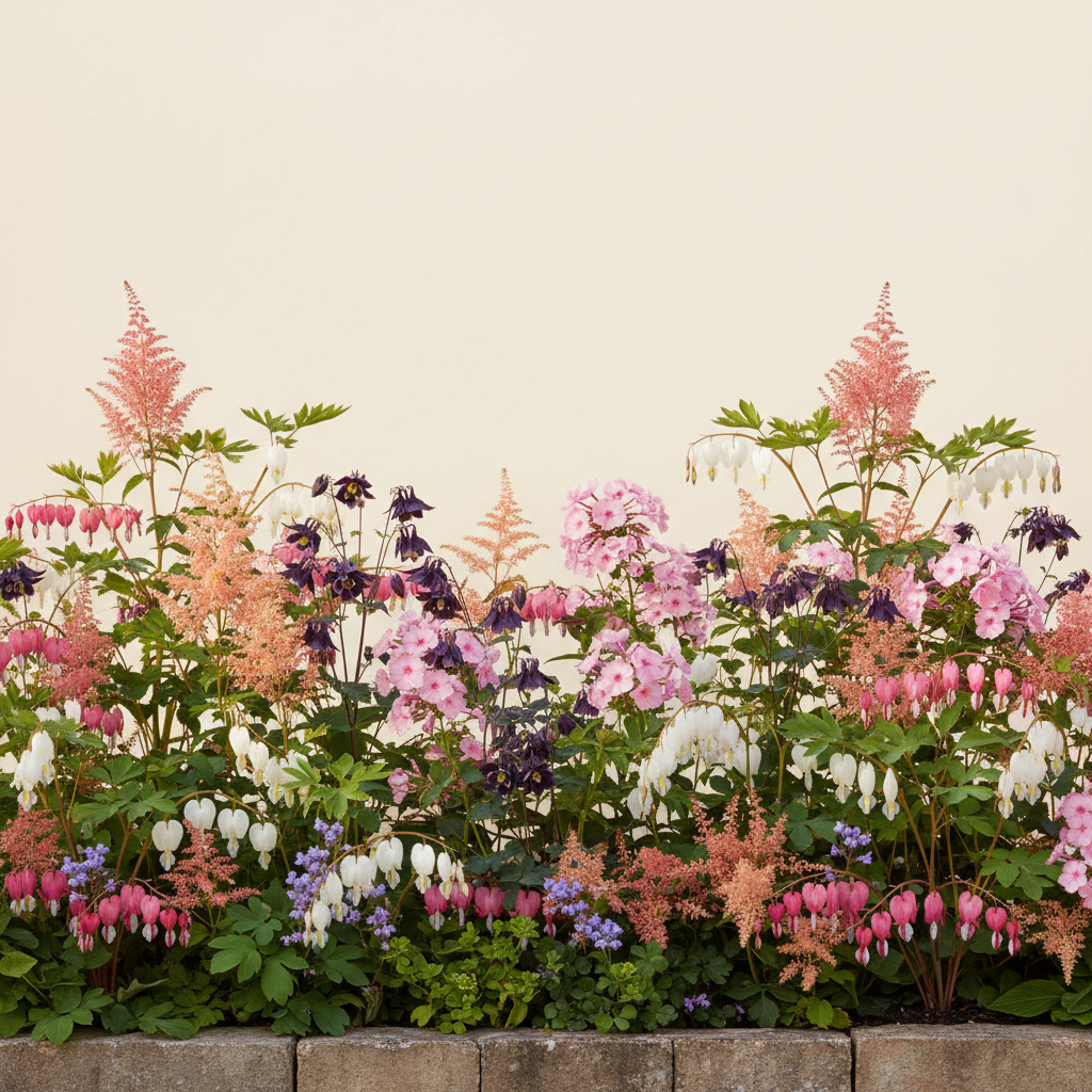 Rabatt med löjtnantshjärta, astilbe, höstflox i halvskugga – 6 m² perennrabatt