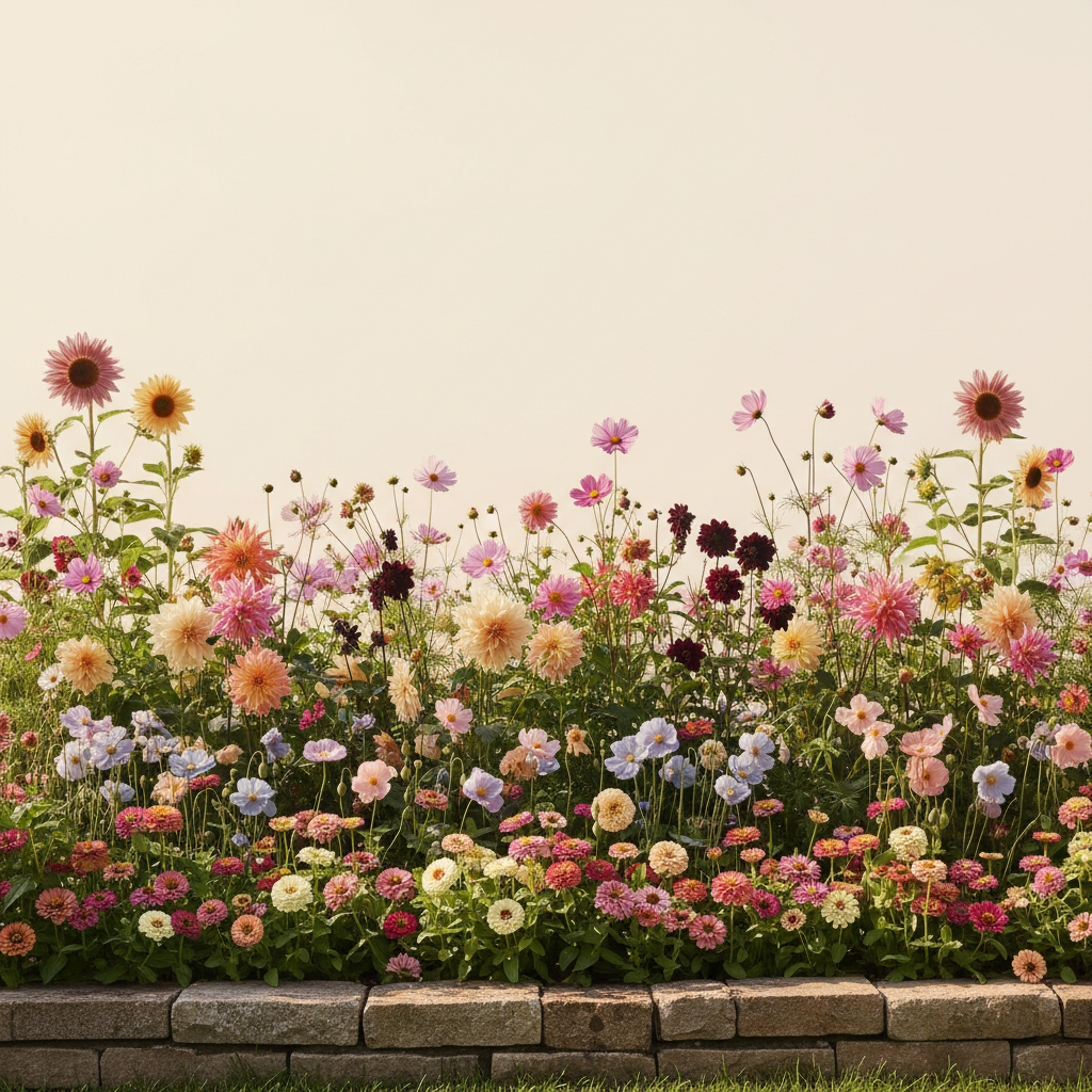 Rabatt med dahlia, zinnia, cosmos i full sol – 20 m² snittblomsterbädd