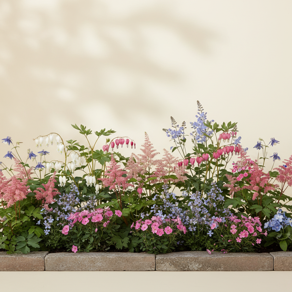 Rabatt med löjtnantshjärta, astilbe, höstflox i halvskugga – 8 m² perennrabatt