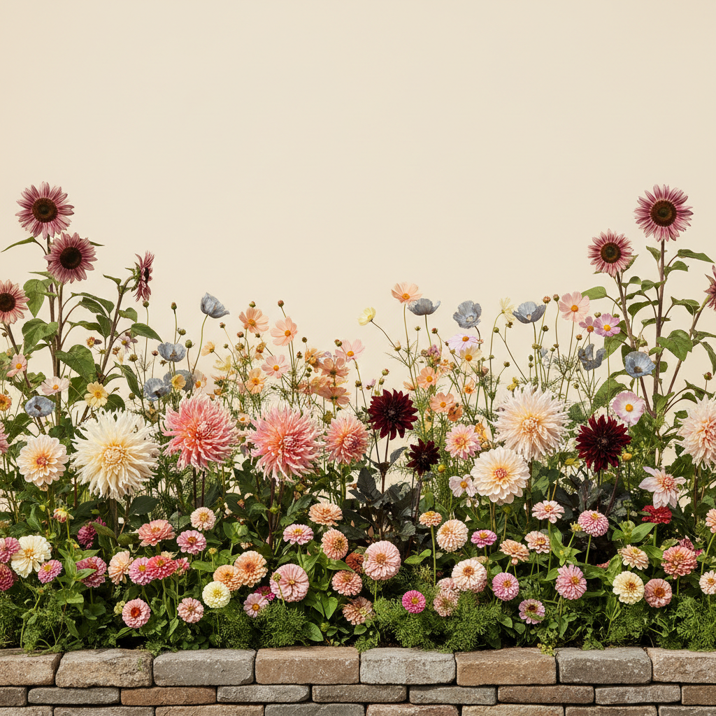 Rabatt med dahlia, zinnia, cosmos i full sol – 13 m² snittblomsterbädd