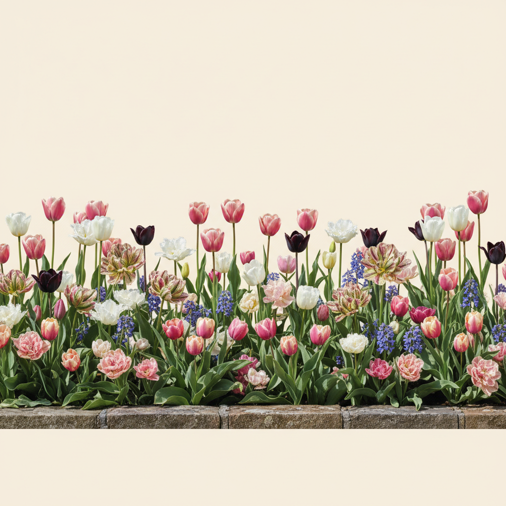 Rabatt med tulpan, pink, 'rikke' i full sol – 30 m² autumnbulbs