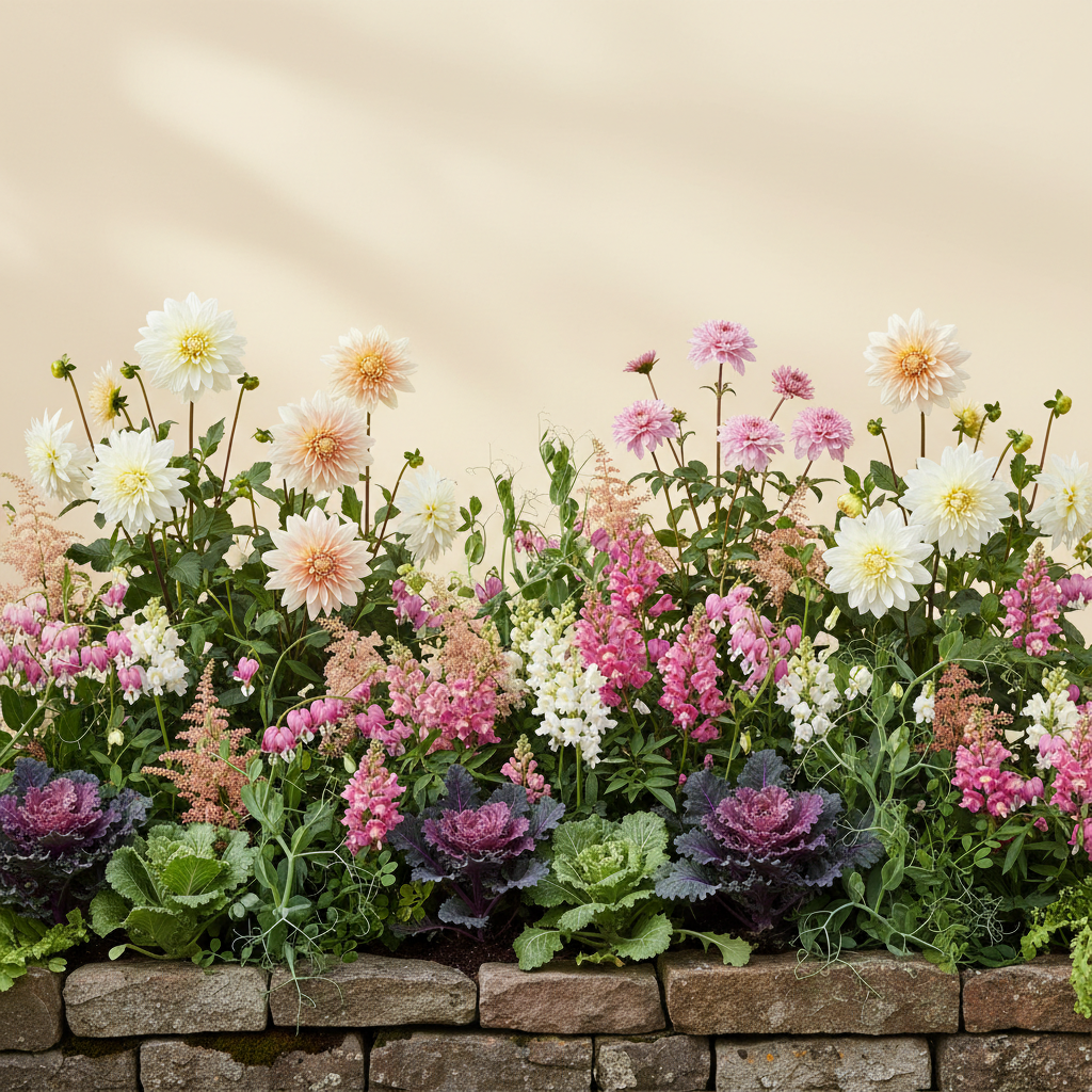 Rabatt med dahlia, rosenskära, lejongap i halvskugga – 20 m² blandad rabatt