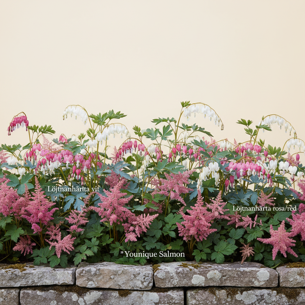 Rabatt med löjtnantshjärta, astilbe i skugga – 1 m² perennrabatt