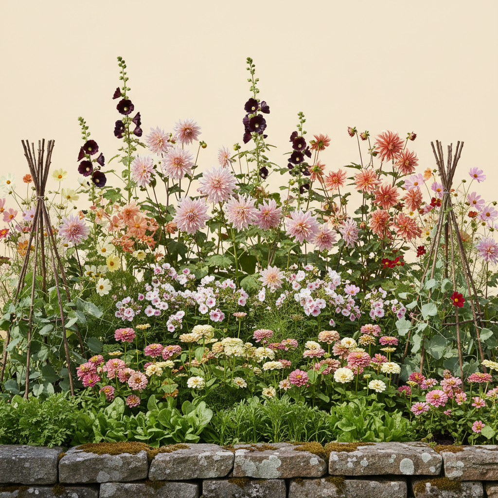 Rabatt med dahlia, zinnia, cosmos i full sol – 8 m² blandad rabatt