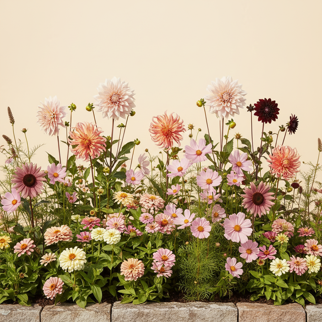 Rabatt med dahlia, zinnia, cosmos i full sol – 4 m² snittblomsterbädd
