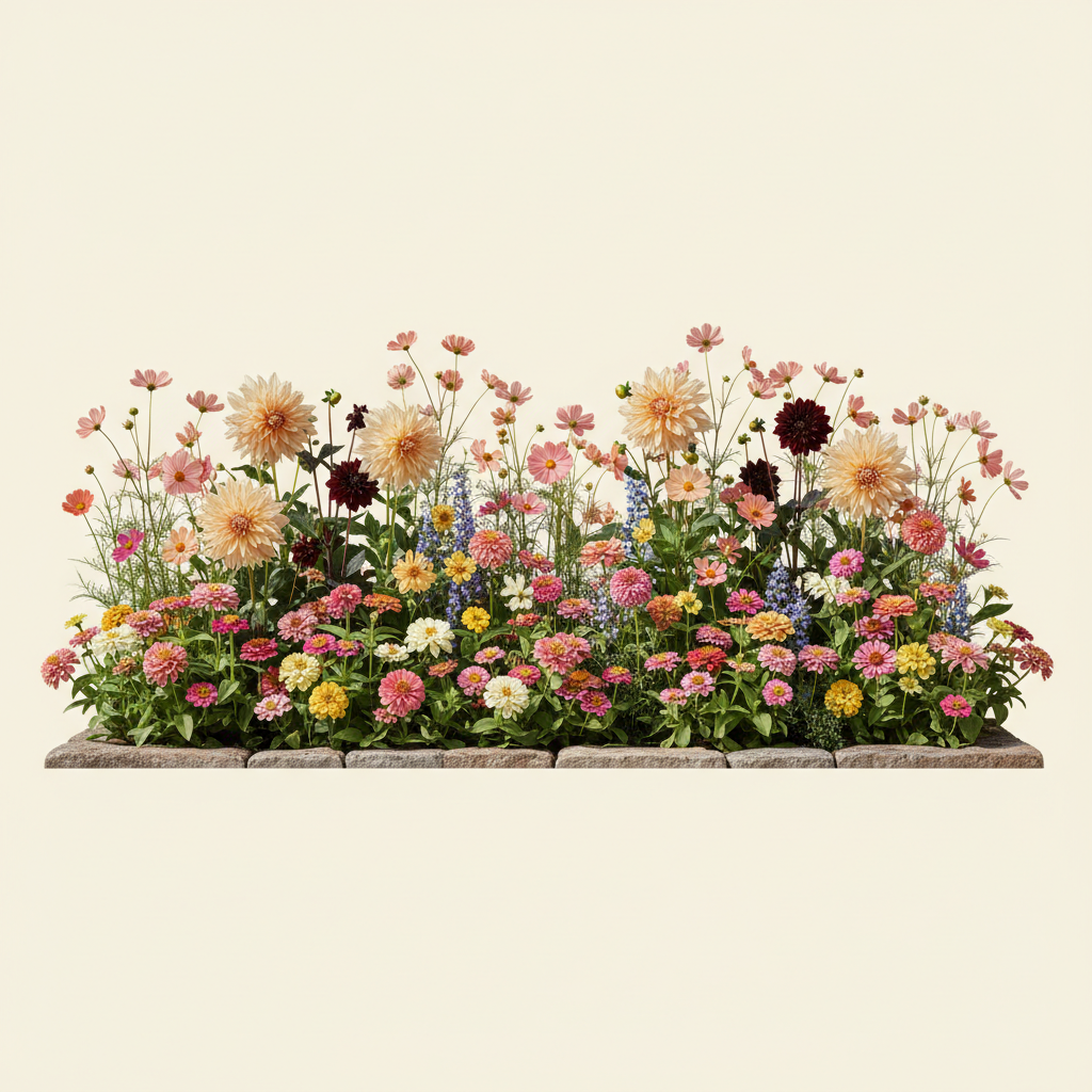 Rabatt med dahlia, zinnia, cosmos i full sol – 2 m² snittblomsterbädd