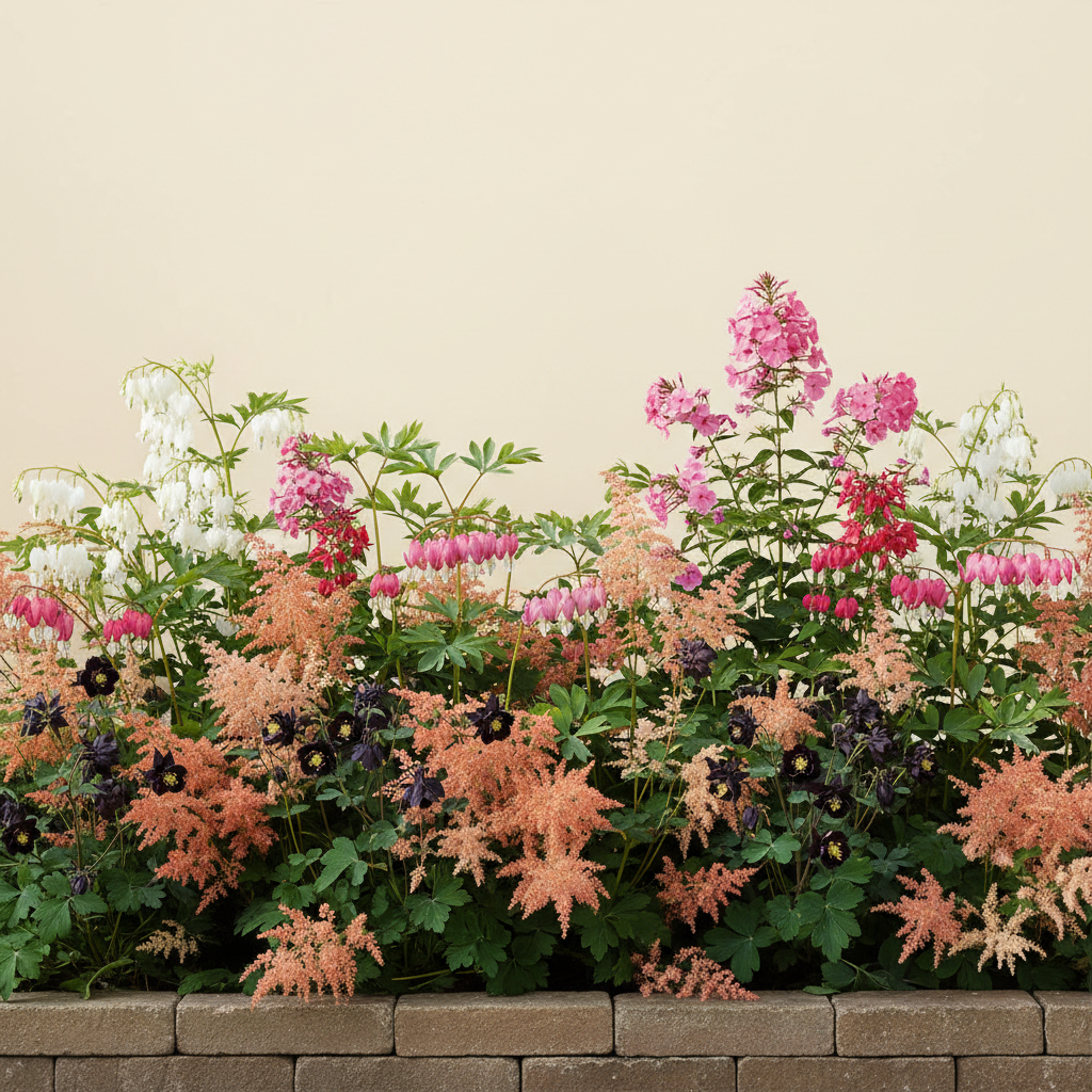 Rabatt med löjtnantshjärta, astilbe, höstflox i halvskugga – 6 m² perennrabatt