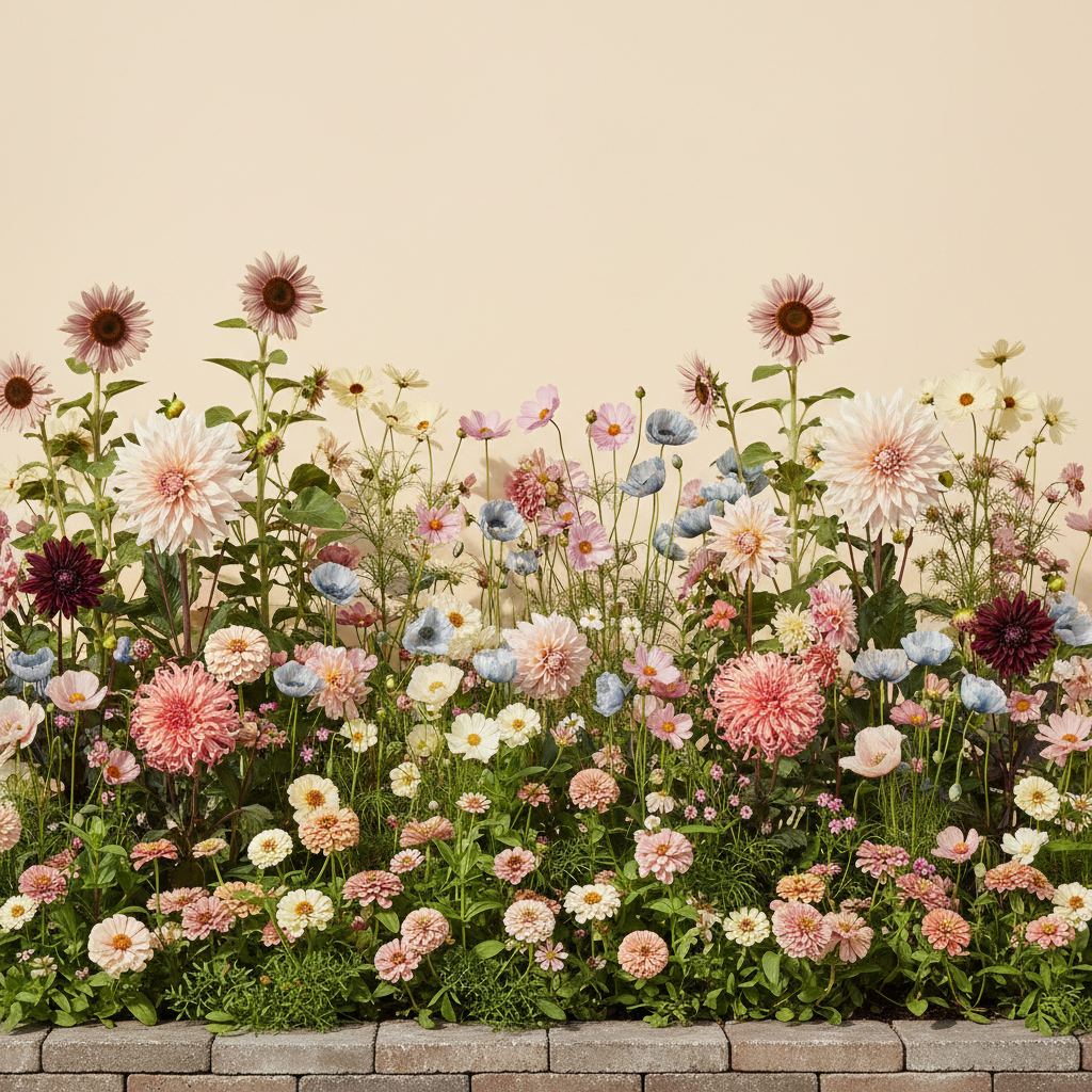 Rabatt med dahlia, zinnia, cosmos i full sol – 12 m² snittblomsterbädd