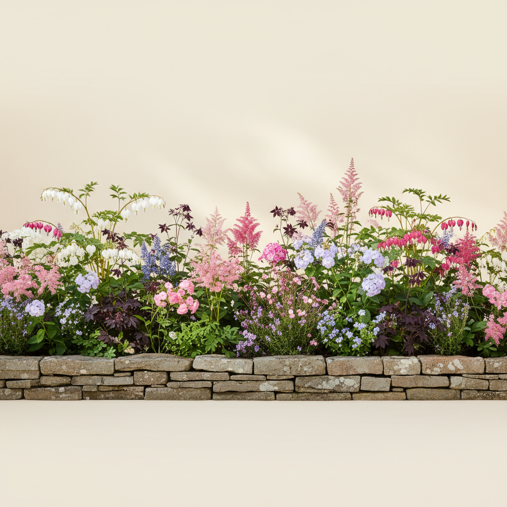 Rabatt med löjtnantshjärta, astilbe, höstflox i halvskugga – 8 m² perennrabatt