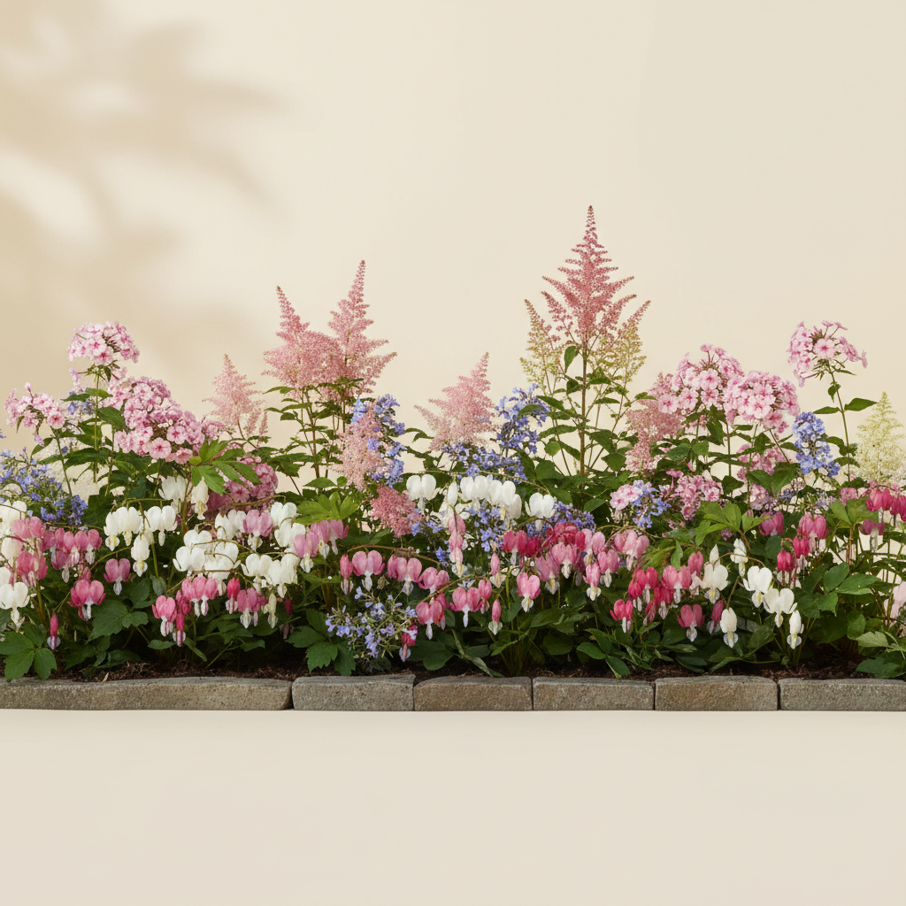 Rabatt med löjtnantshjärta, astilbe, höstflox i halvskugga – 3 m² perennrabatt