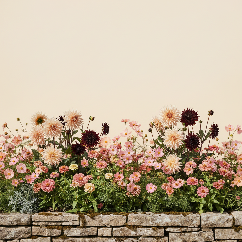 Rabatt med dahlia, zinnia, cosmos i full sol – 2 m² snittblomsterbädd