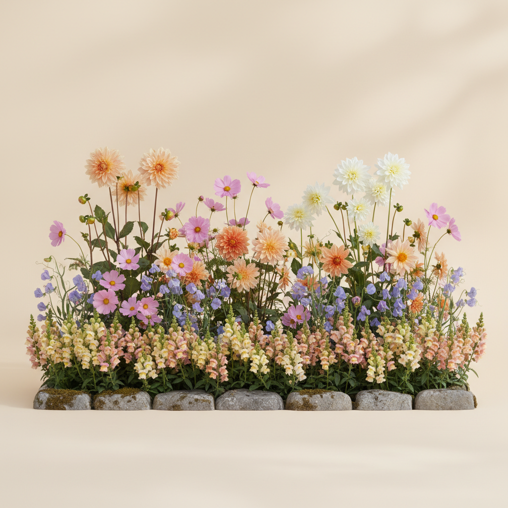 Rabatt med dahlia, rosenskära, luktärt i halvskugga – 4 m² snittblomsterbädd