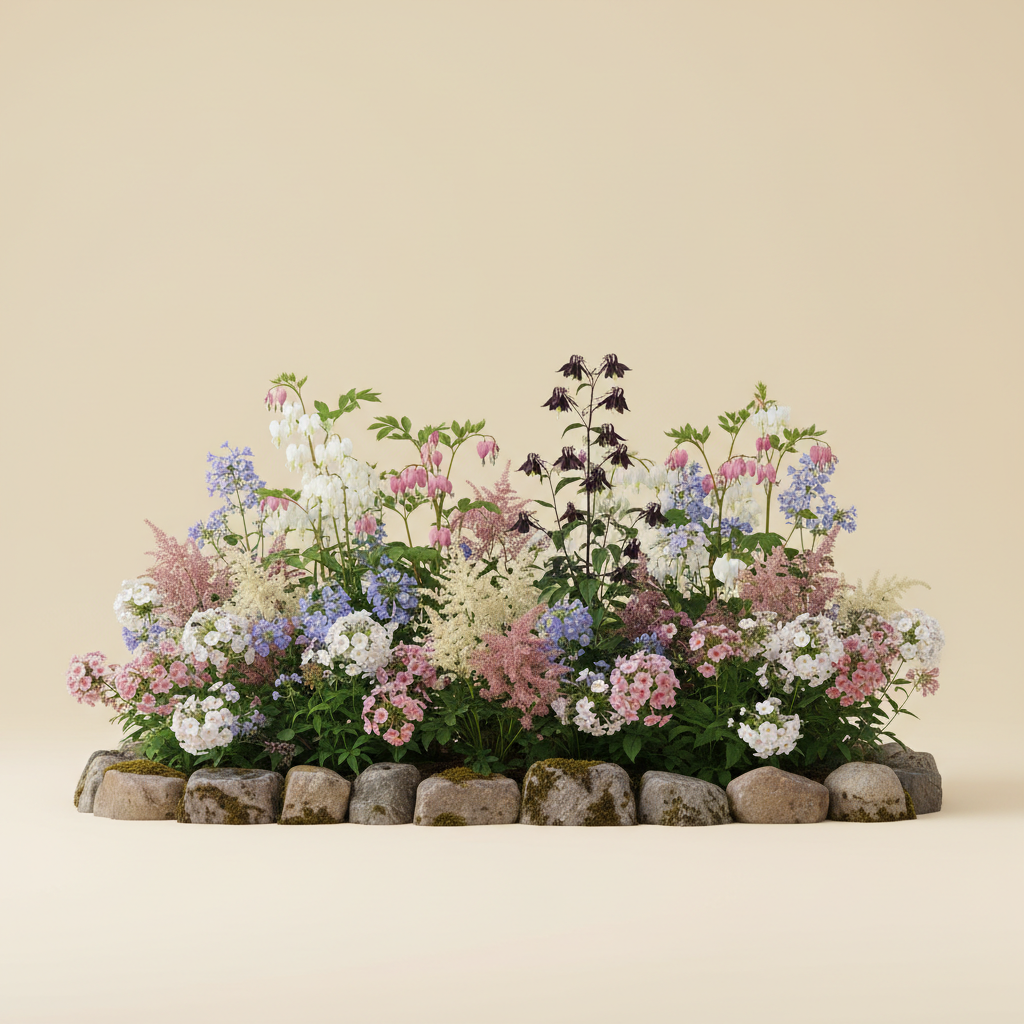 Rabatt med löjtnantshjärta, astilbe, höstflox i halvskugga – 7 m² perennrabatt
