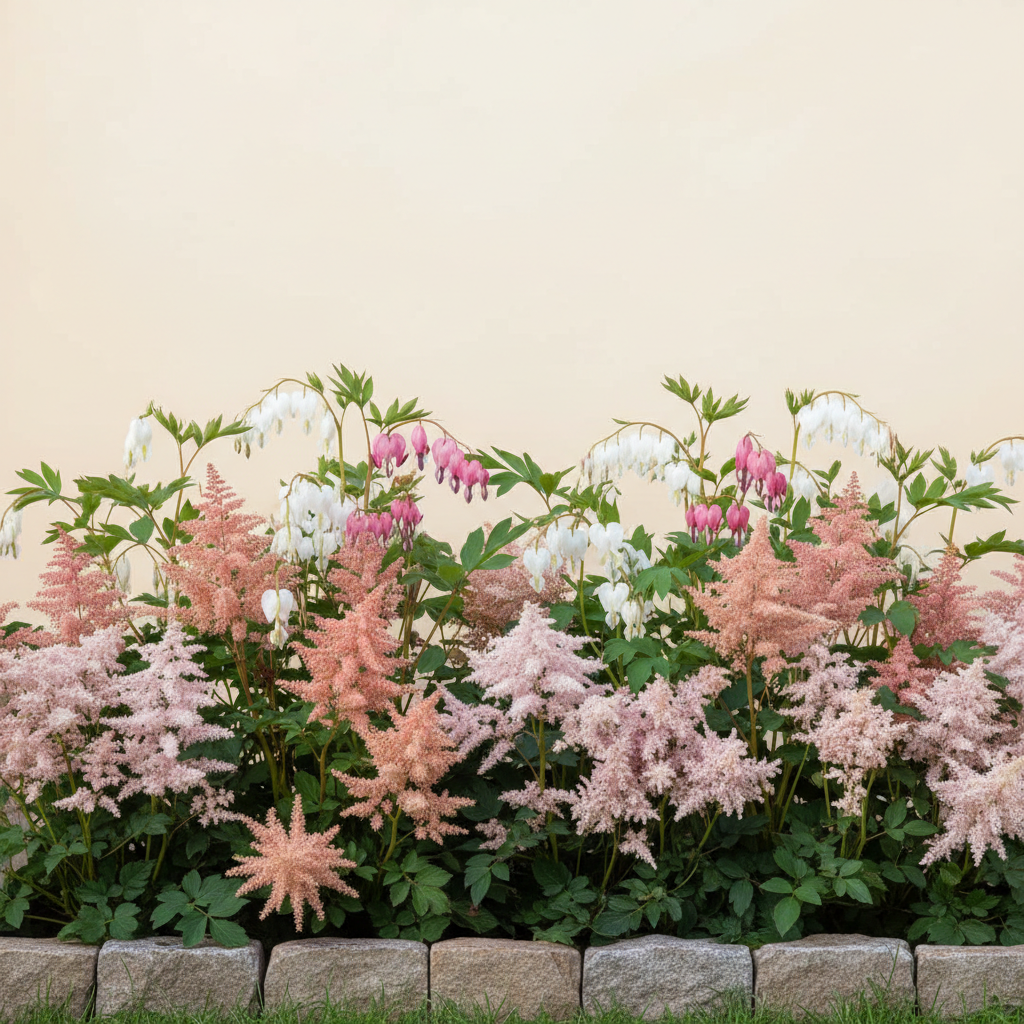 Rabatt med löjtnantshjärta, astilbe i skugga – 6 m² perennrabatt