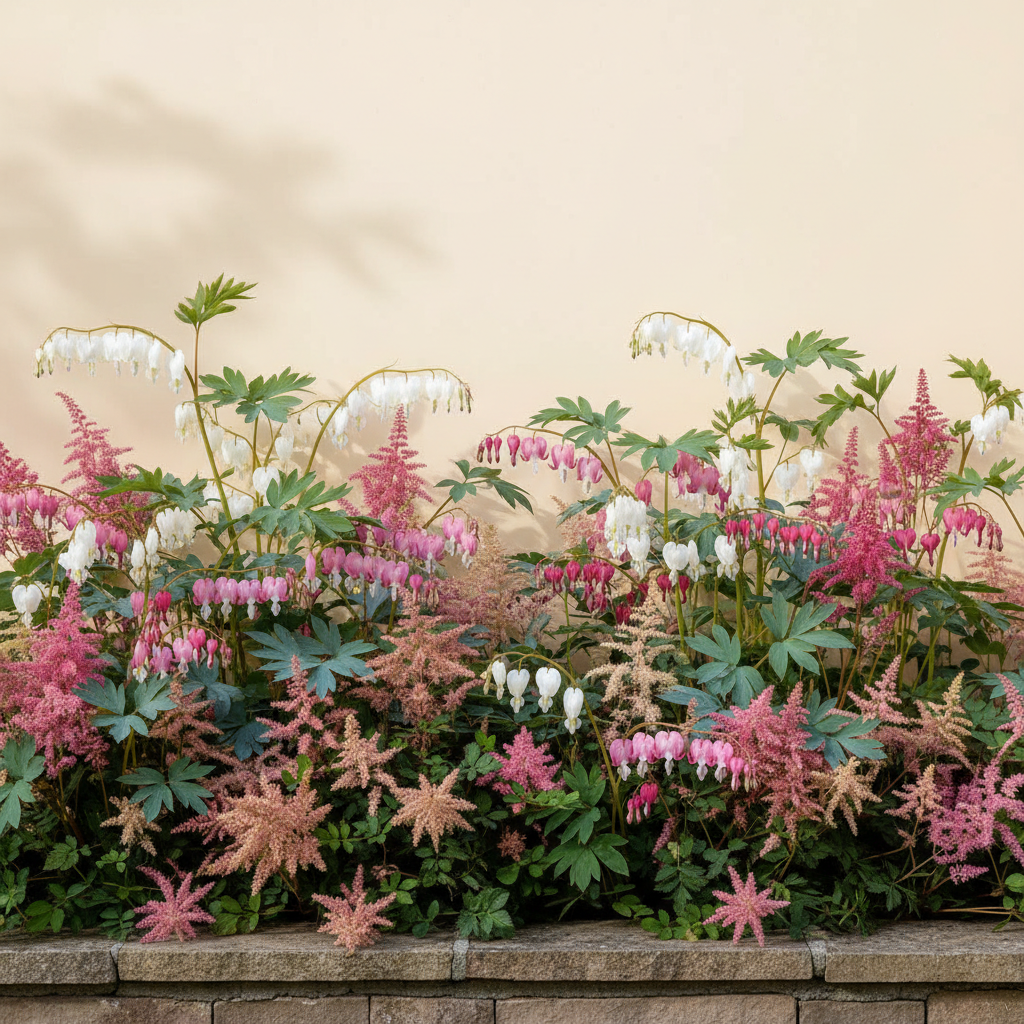 Rabatt med löjtnantshjärta, astilbe i halvskugga – 2 m² perennrabatt