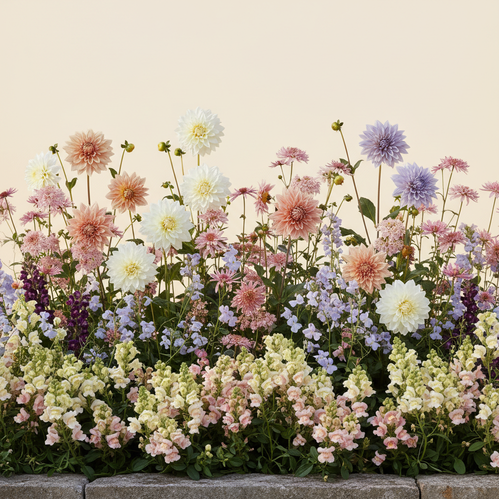 Rabatt med dahlia, rosenskära, luktärt i halvskugga – 6 m² snittblomsterbädd
