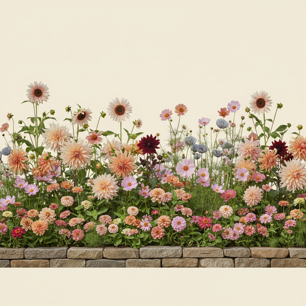 Rabatt med dahlia, zinnia, cosmos i full sol – 13 m² snittblomsterbädd
