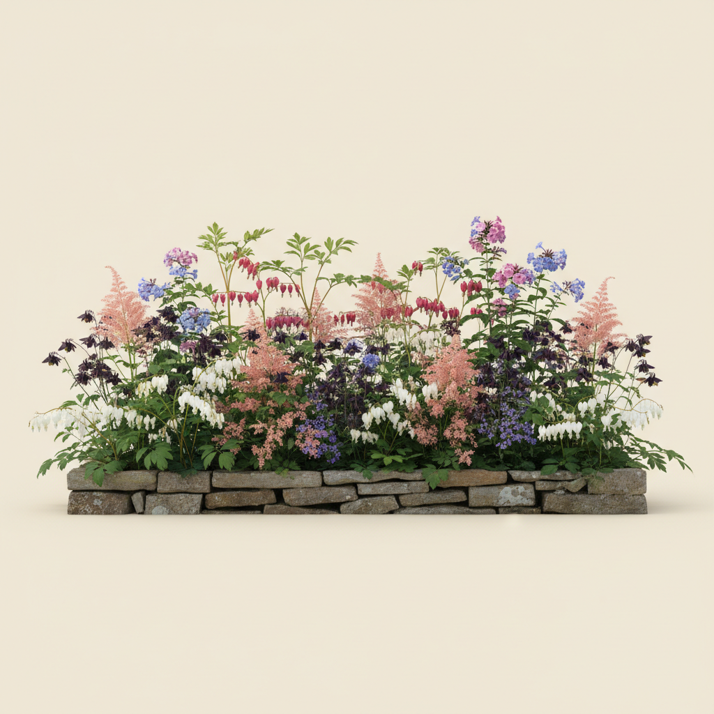 Rabatt med löjtnantshjärta, astilbe, höstflox i halvskugga – 6 m² perennrabatt