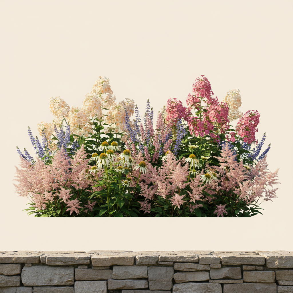 Rabatt med höstflox, röd, astilbe i full sol – 4 m² perennrabatt
