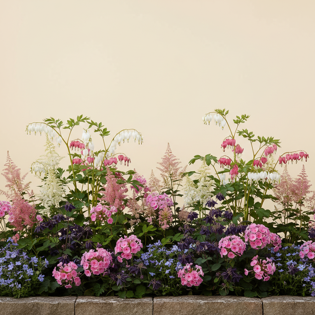 Rabatt med löjtnantshjärta, astilbe, höstflox i halvskugga – 6 m² perennrabatt