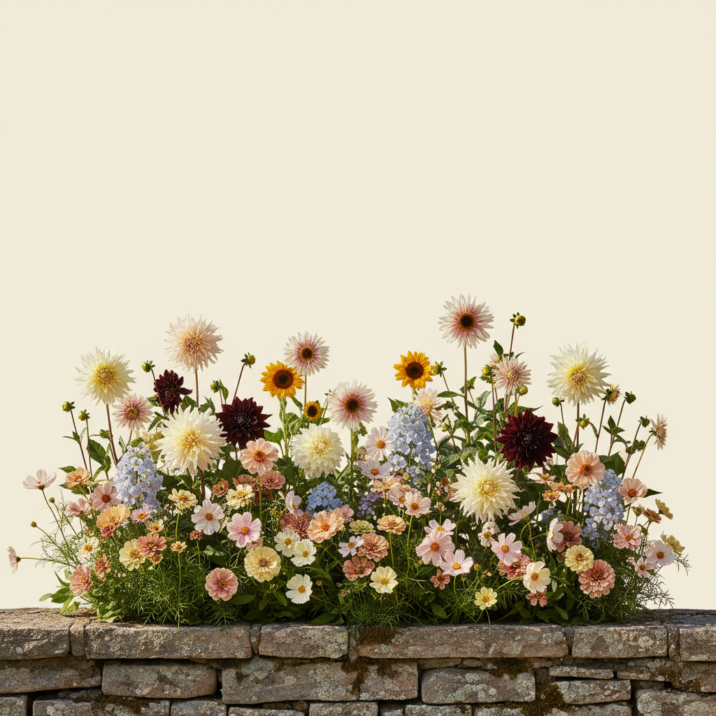Rabatt med dahlia, zinnia, cosmos i full sol – 3 m² snittblomsterbädd
