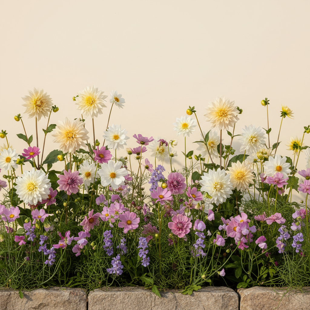 Rabatt med dahlia, rosenskära, luktärt i halvskugga – 2 m² snittblomsterbädd