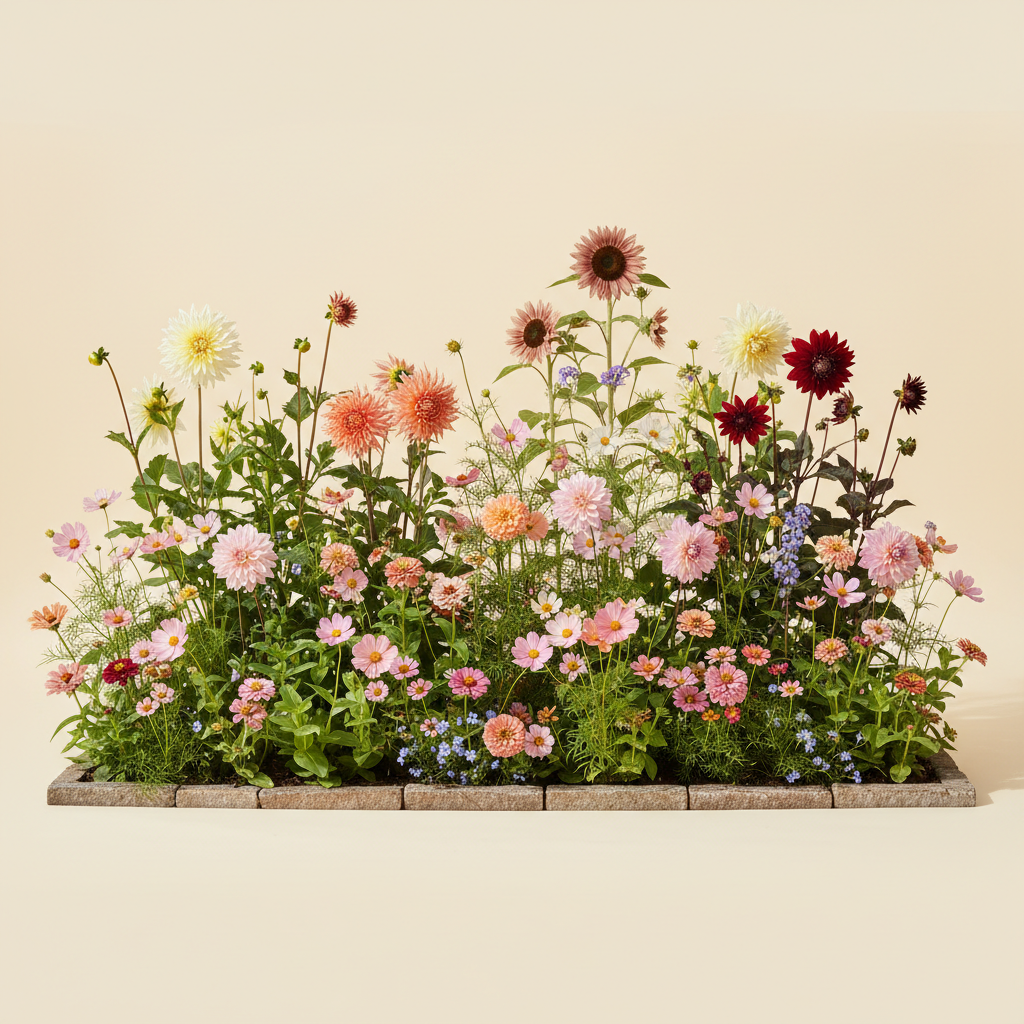 Rabatt med dahlia, zinnia, cosmos i full sol – 6 m² snittblomsterbädd
