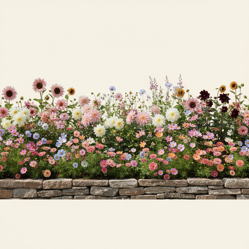 Rabatt med dahlia, zinnia, cosmos i full sol – 7 m² snittblomsterbädd