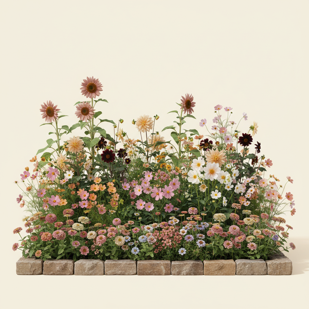 Rabatt med dahlia, zinnia, cosmos i full sol – 7 m² snittblomsterbädd