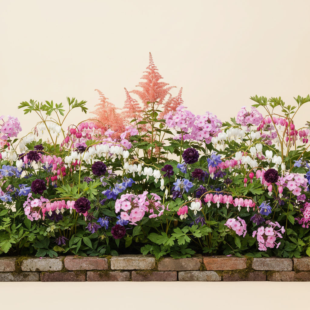 Rabatt med löjtnantshjärta, astilbe, höstflox i halvskugga – 6 m² perennrabatt