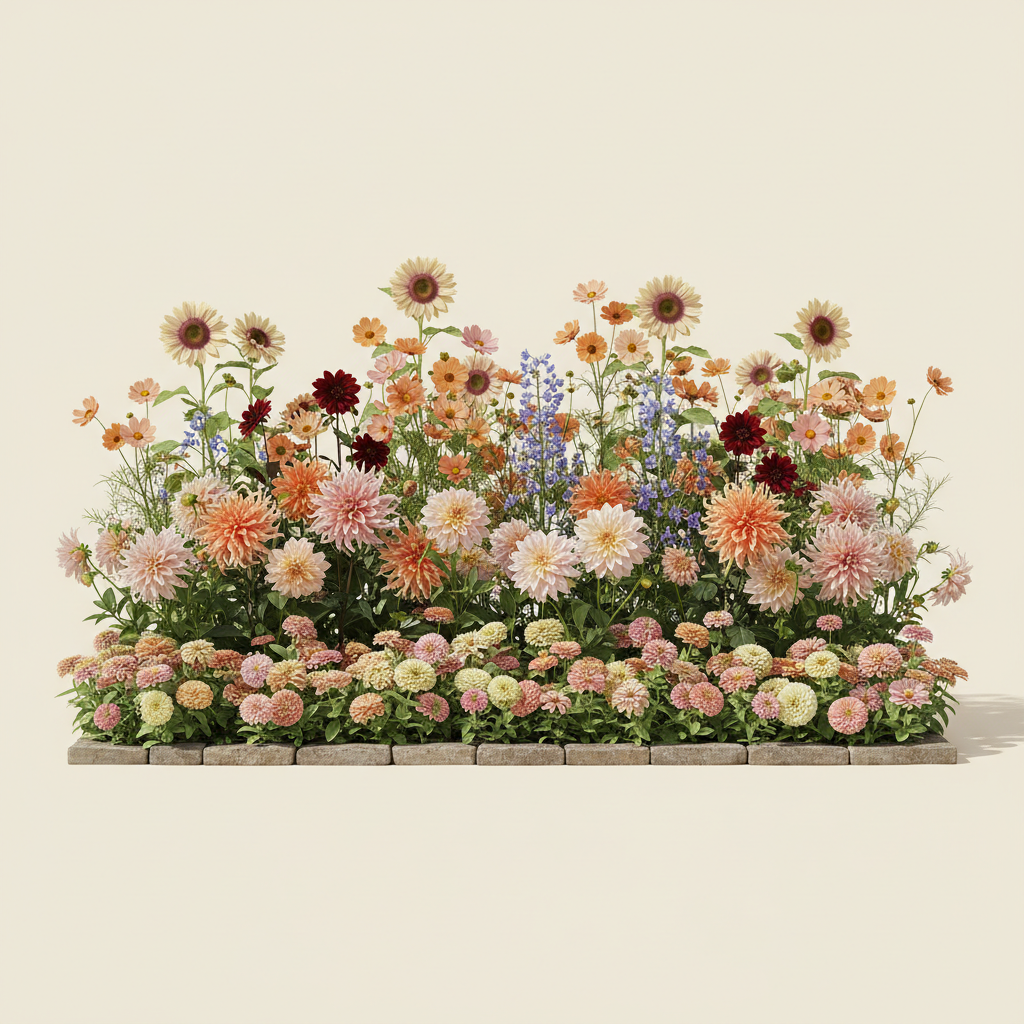 Rabatt med dahlia, zinnia, cosmos i full sol – 8 m² snittblomsterbädd