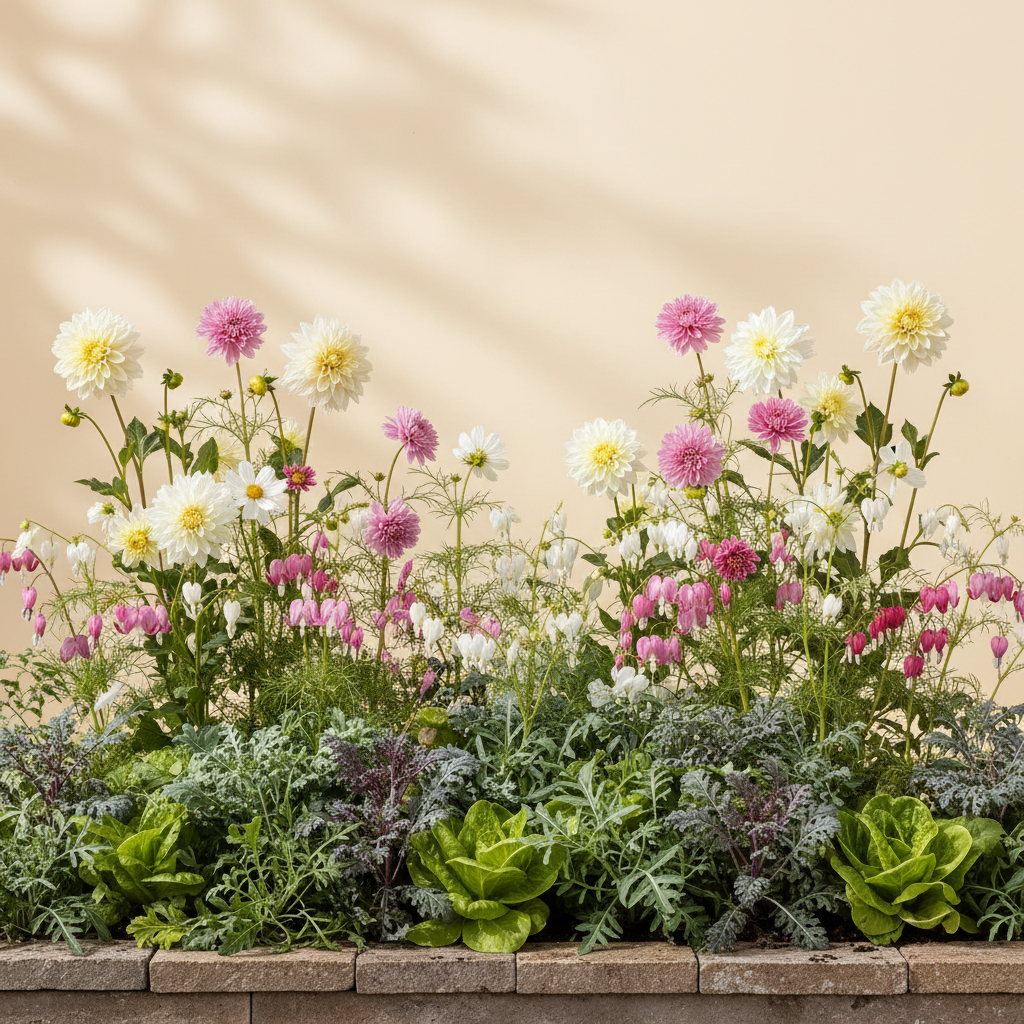 Rabatt med dahlia, rosenskära, trädgårdssallat i halvskugga – 5 m² blandad rabatt