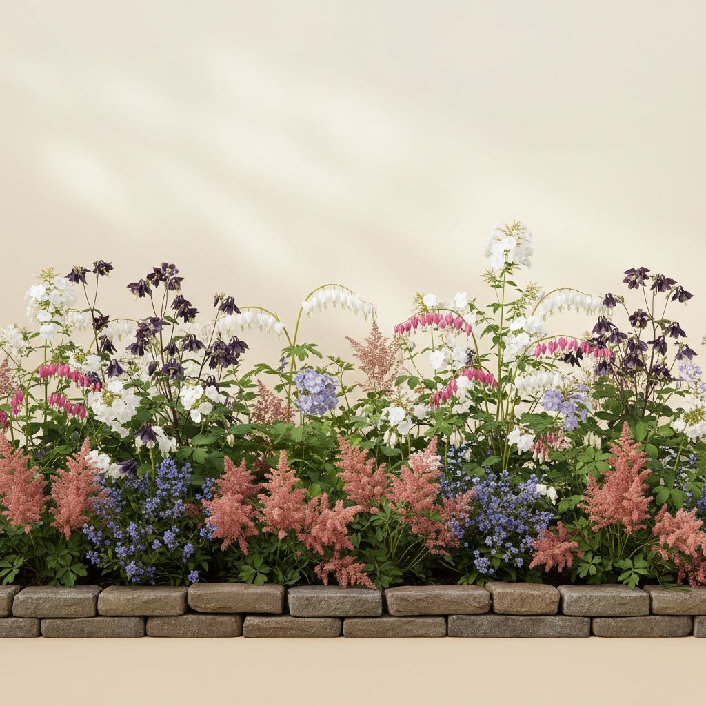 Rabatt med löjtnantshjärta, astilbe, höstflox i halvskugga – 8 m² perennrabatt