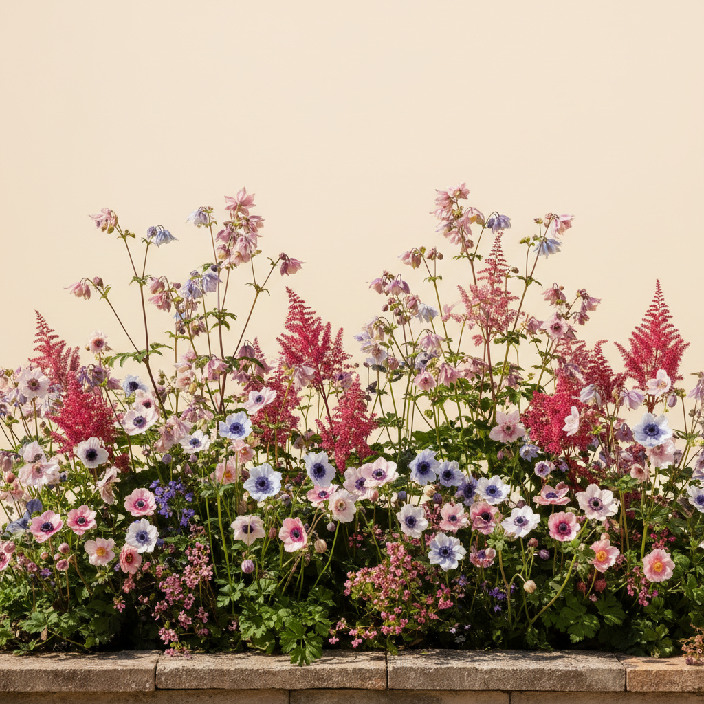 En liten 3 m² bädd i full sol — planerad för barrotsplantor. Här samsas Anemon 'De Caen' mix, Anemone 'Mistral Tigre', Akleja 'Pink Barlow' och Astilbe 'Vision in Red', valda för att trivas tillsammans.