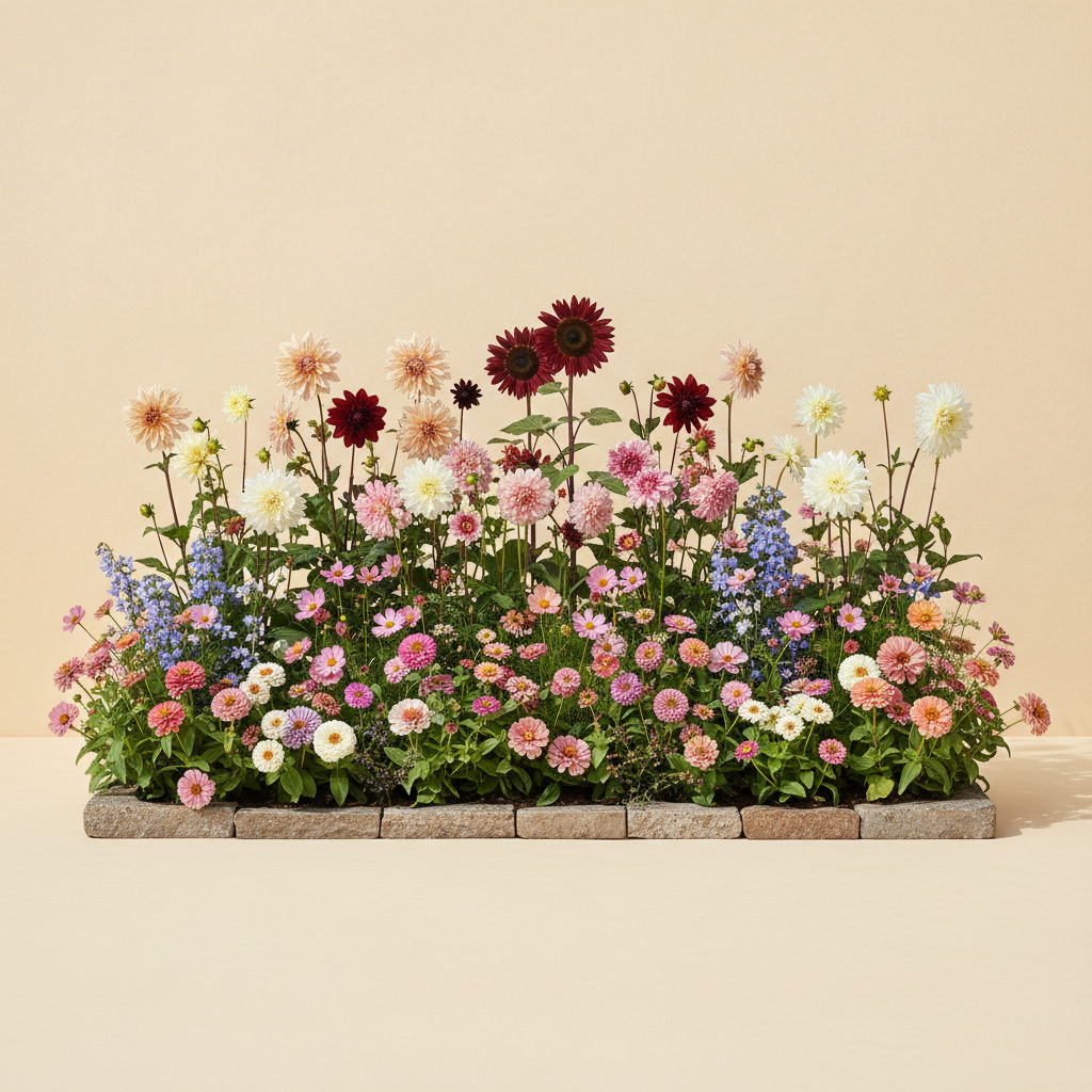 Rabatt med dahlia, zinnia, cosmos i full sol – 8 m² snittblomsterbädd