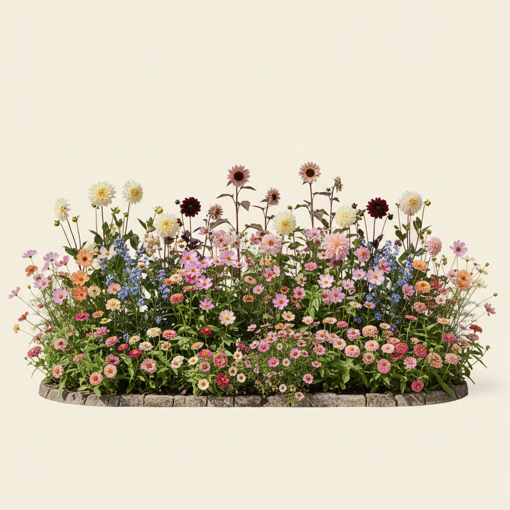 Rabatt med dahlia, zinnia, cosmos i full sol – 6 m² snittblomsterbädd