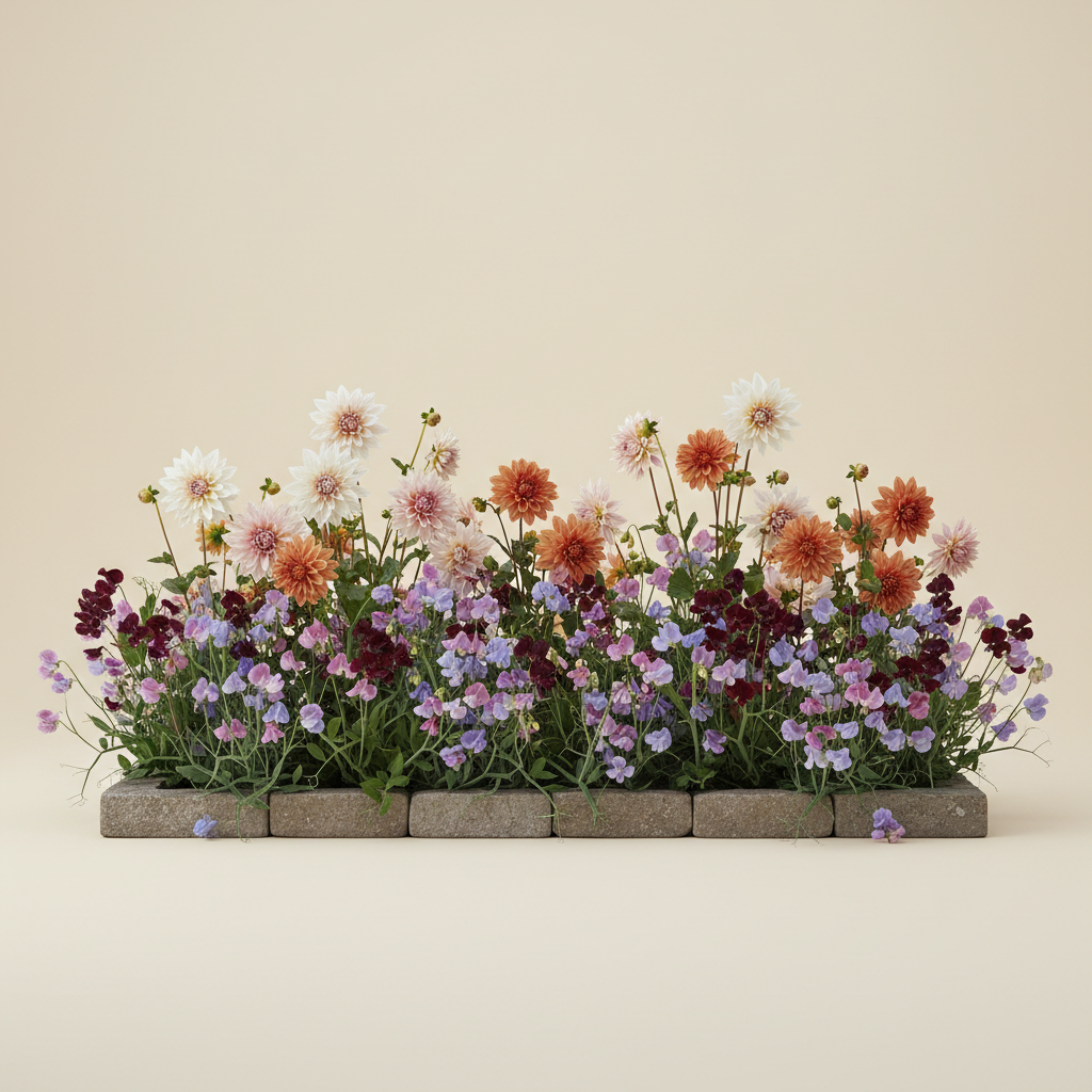 Rabatt med dahlia, luktärt i skugga – 2 m² snittblomsterbädd