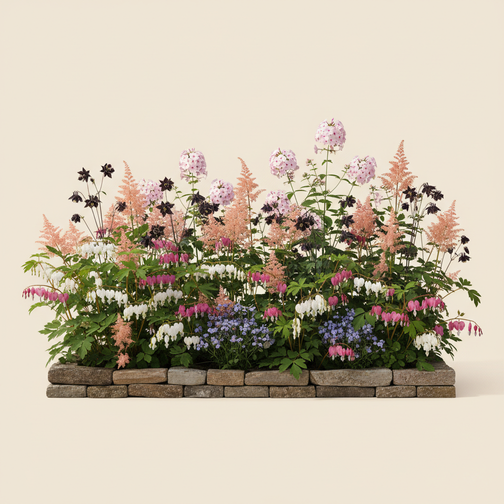 Rabatt med löjtnantshjärta, astilbe, höstflox i halvskugga – 7 m² perennrabatt